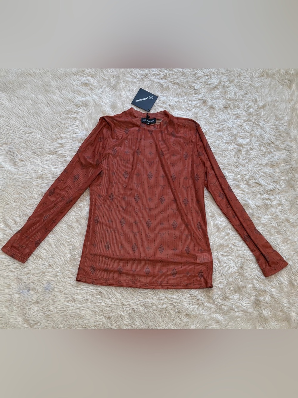 NWT Merigold Kiss Sheer Mesh Western Print Long Sleeve Top - Size Medium